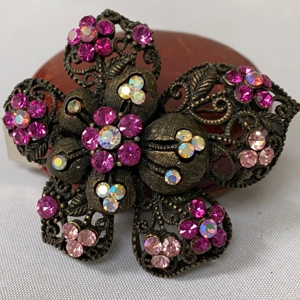 Vintage pink rhinestone Orchid pin brooch